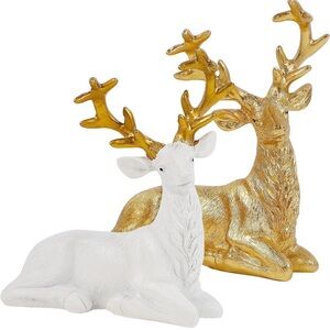 2 Resin Golden & White Reindeer🦌Lying Tabletop Decorations Figurines